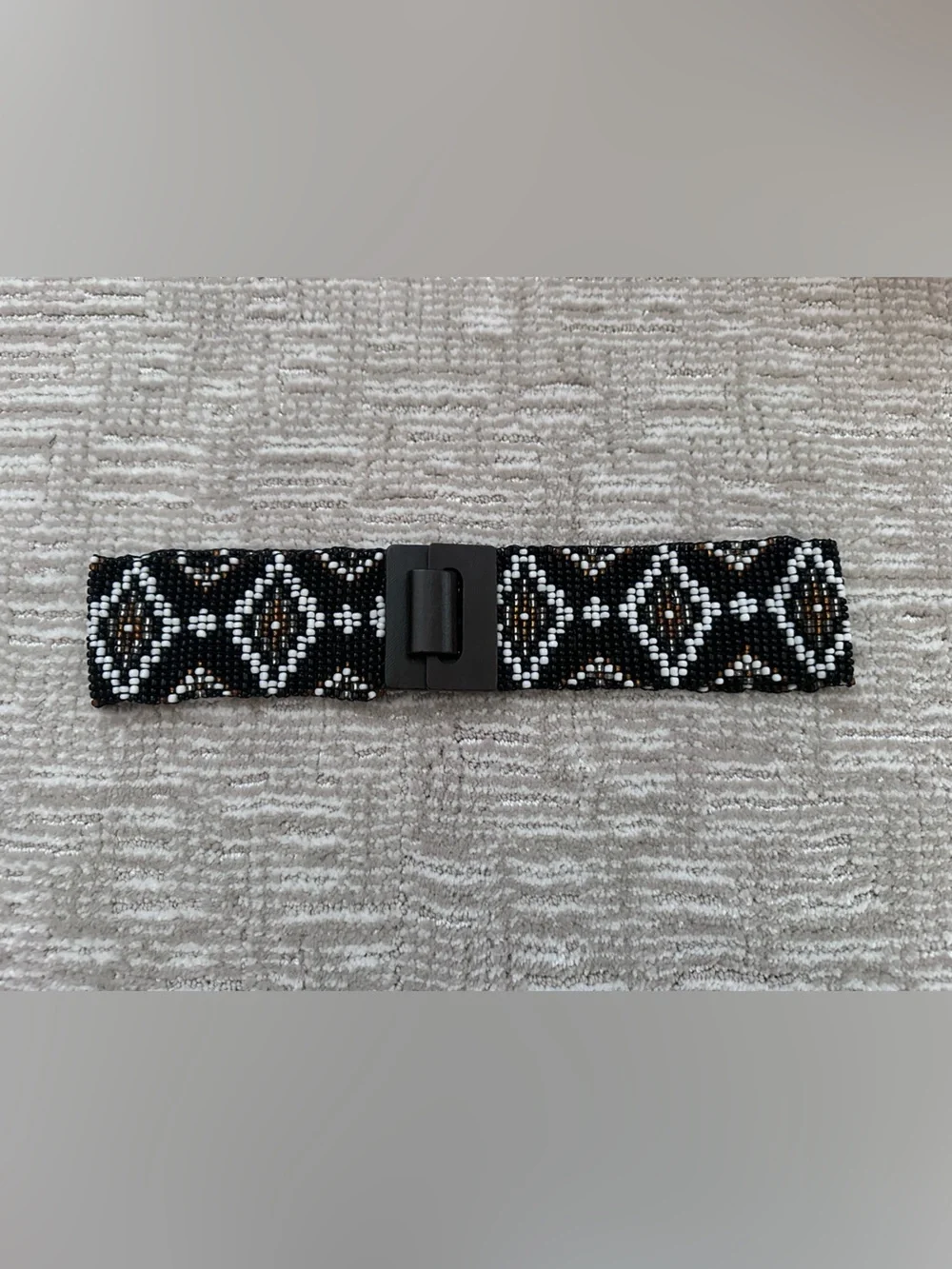 Express Black Beaded Belt with White and Brown Diamond Pattern